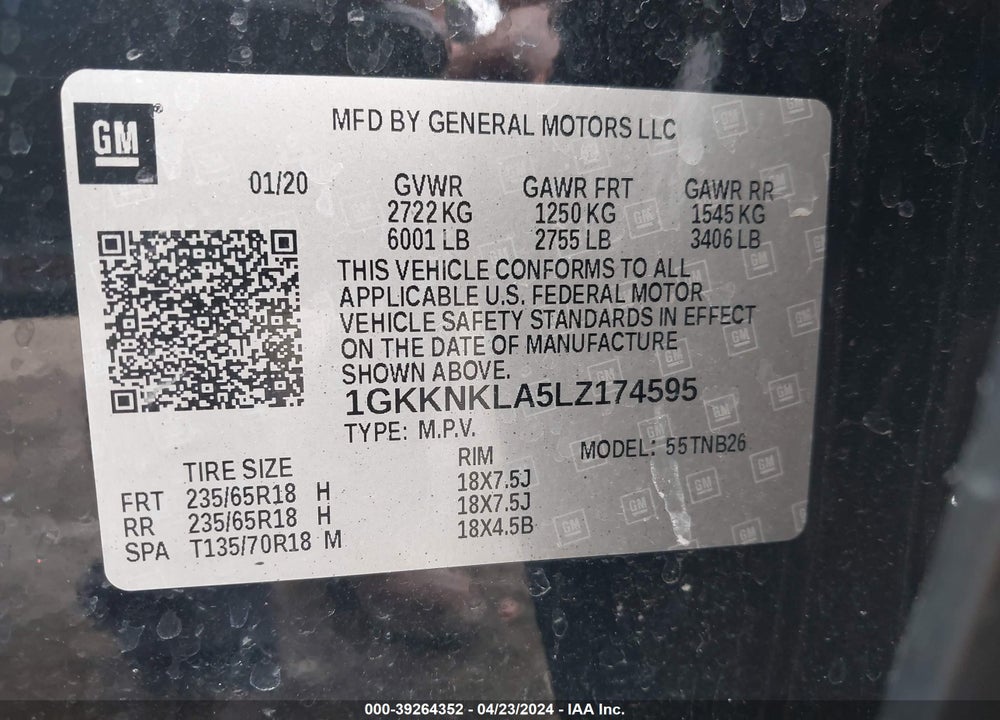 2020 GMC ACADIA FWD SLE VIN: 1GKKNKLA5LZ174595