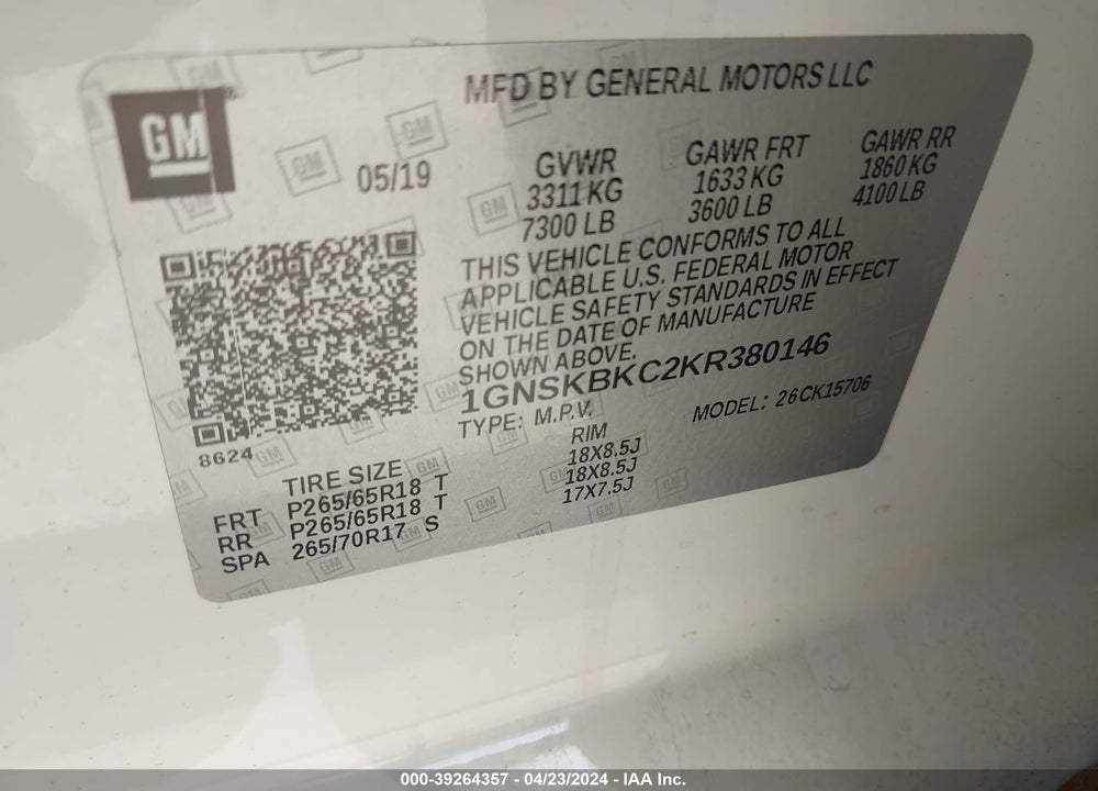 2019 CHEVROLET TAHOE LT VIN: 1GNSKBKC2KR380146