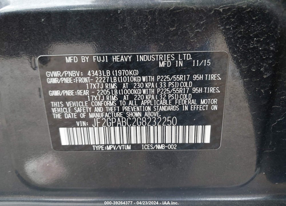 2016 SUBARU CROSSTREK 2.0I PREMIUM VIN: JF2GPABC2G8232250