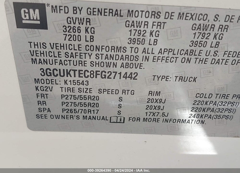 2015 CHEVROLET SILVERADO 1500 HIGH COUNTRY VIN: 3GCUKTEC8FG271442