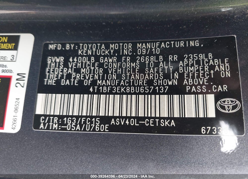 2011 TOYOTA CAMRY SE VIN: 4T1BF3EK8BU657137
