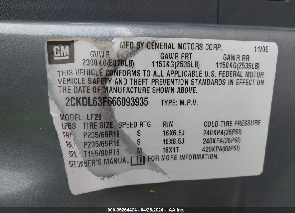2006 PONTIAC TORRENT VIN: 2CKDL63F666093935