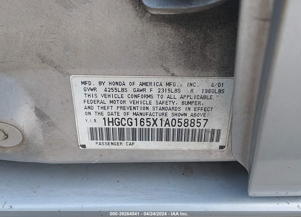 2001 HONDA ACCORD VIN: 1HGCG165X1A058857