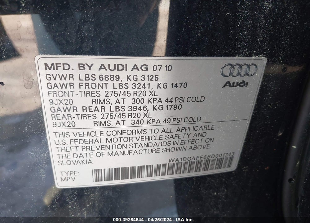 2011 AUDI Q7 3.0T S LINE PRESTIGE VIN: WA1DGAFE6BD001343