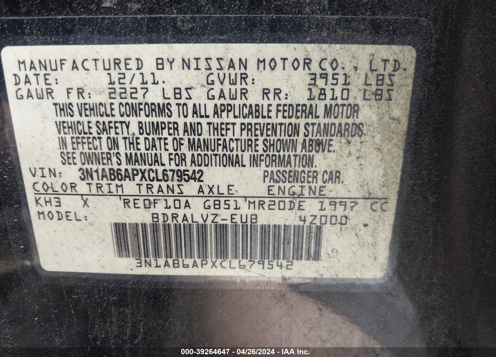 2012 NISSAN SENTRA 2.0 SL VIN: 3N1AB6APXCL679542