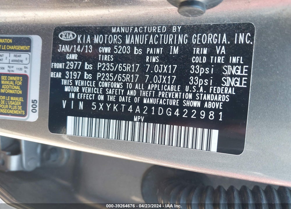 2013 KIA SORENTO LX V6 VIN: 5XYKT4A21DG422981