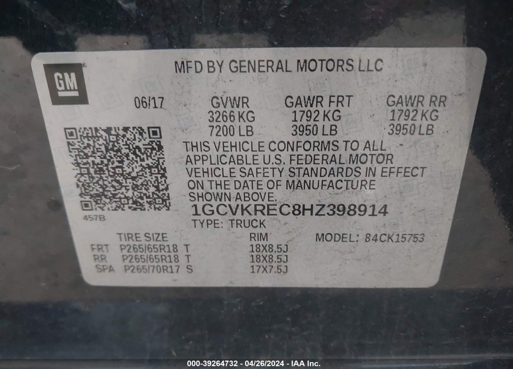 2017 CHEVROLET SILVERADO 1500 1LT VIN: 1GCVKREC8HZ398914