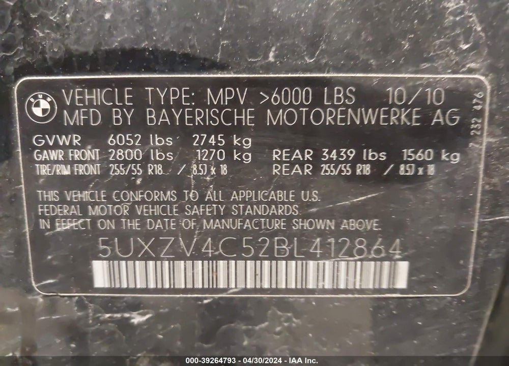2011 BMW X5 VIN: 5UXZV4C52BL412864