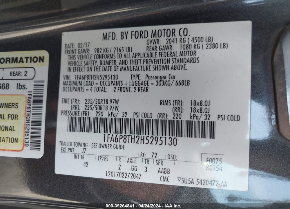 2017 FORD MUSTANG ECOBOOST VIN: 1FA6P8TH2H5295130