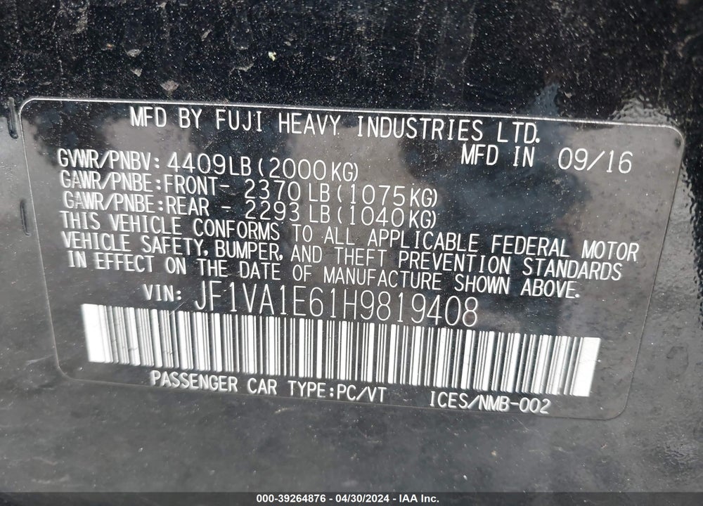 2017 SUBARU WRX PREMIUM VIN: JF1VA1E61H9819408