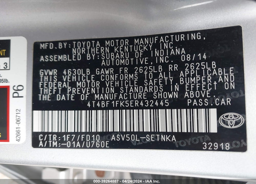 2014 TOYOTA CAMRY LE VIN: 4T4BF1FK5ER432445