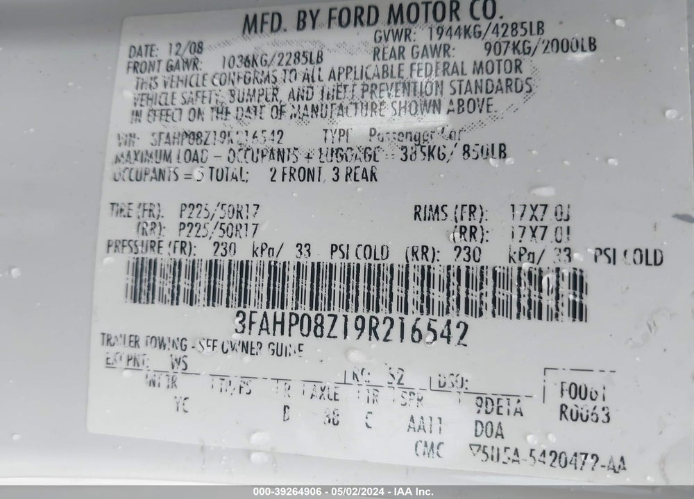 2009 FORD FUSION SEL VIN: 3FAHP08Z19R216542