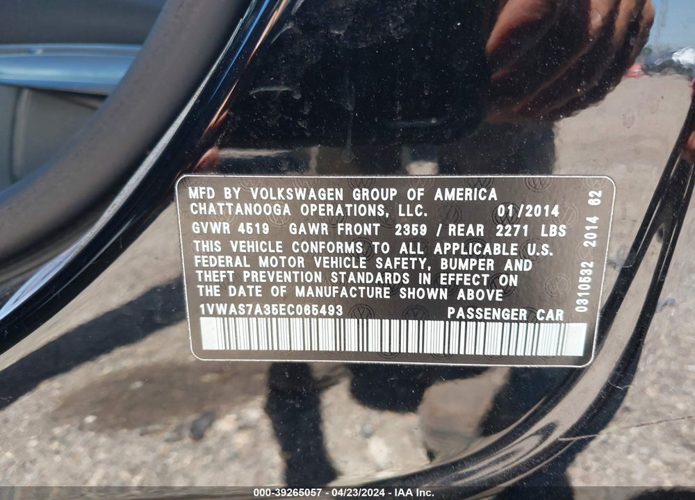 2014 VOLKSWAGEN PASSAT 1.8T S VIN: 1VWAS7A35EC065493