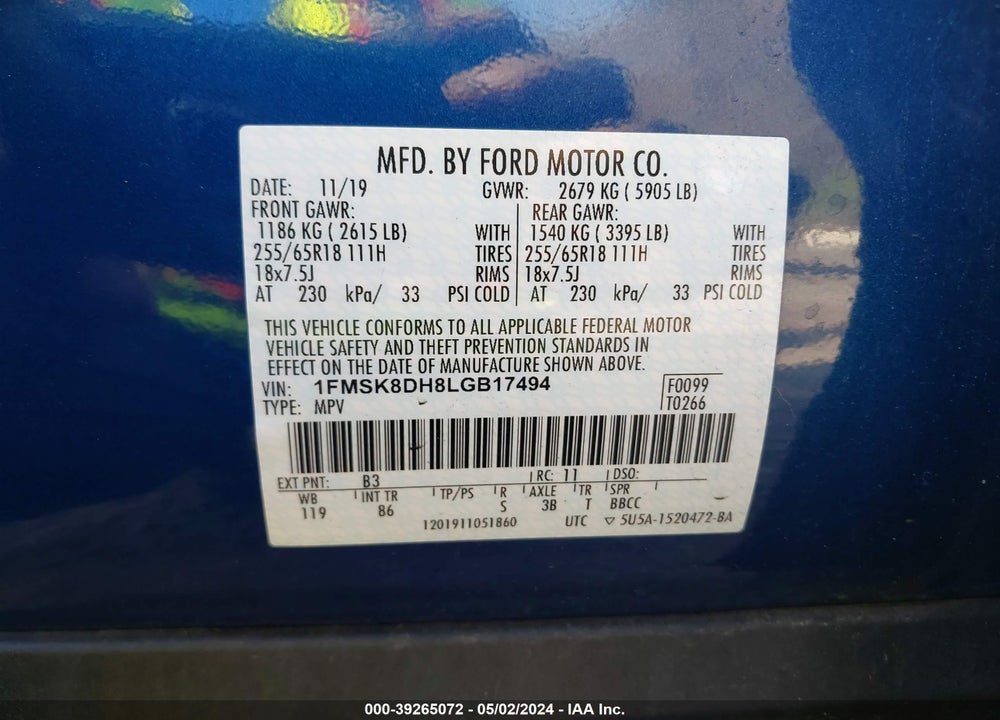 2020 FORD EXPLORER XLT VIN: 1FMSK8DH8LGB17494