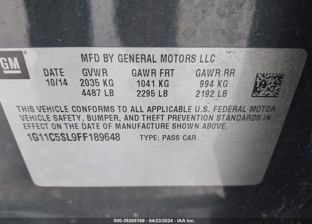 2015 CHEVROLET MALIBU 1LT VIN: 1G11C5SL9FF189648
