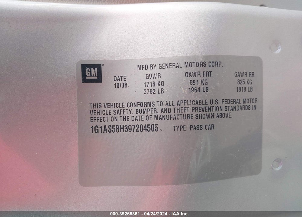 2009 CHEVROLET COBALT LS VIN: 1G1AS58H397204505
