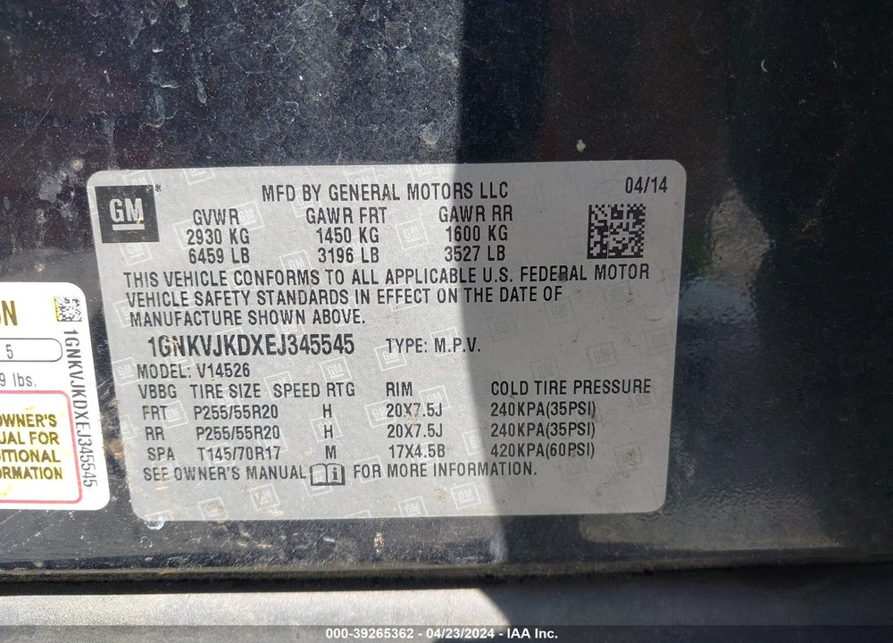 2014 CHEVROLET TRAVERSE LTZ VIN: 1GNKVJKDXEJ345545