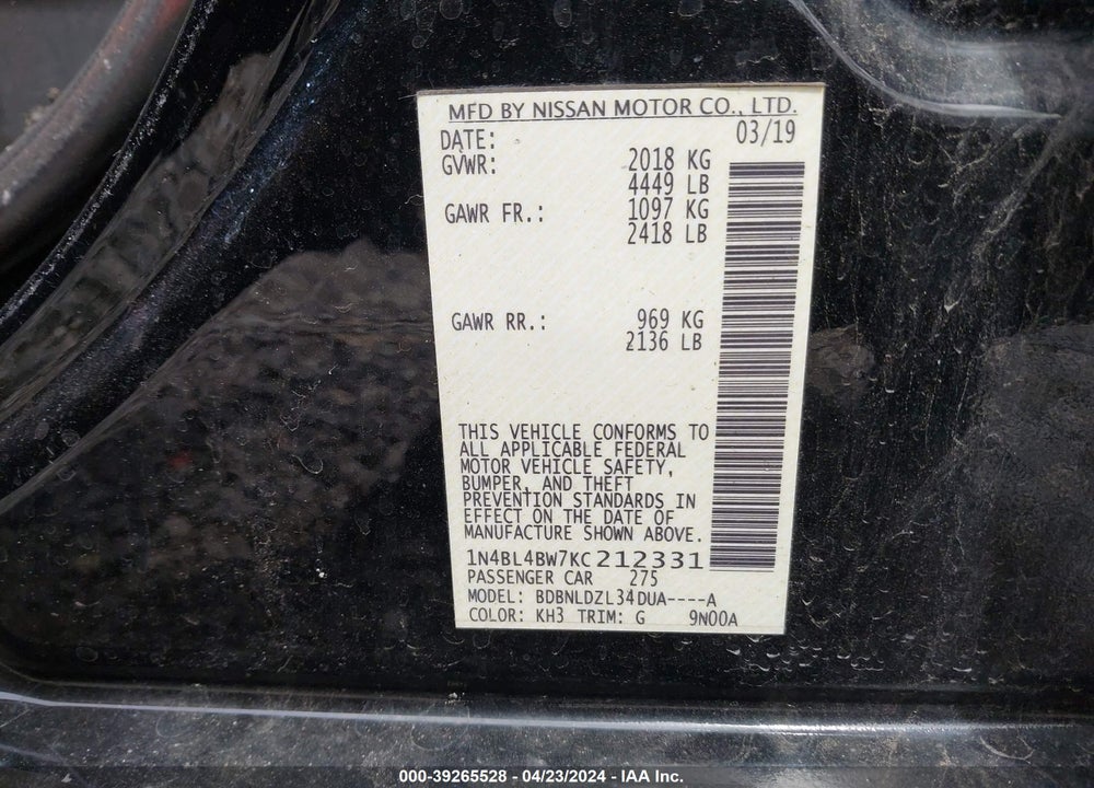2019 NISSAN ALTIMA 2.5 S VIN: 1N4BL4BW7KC212331