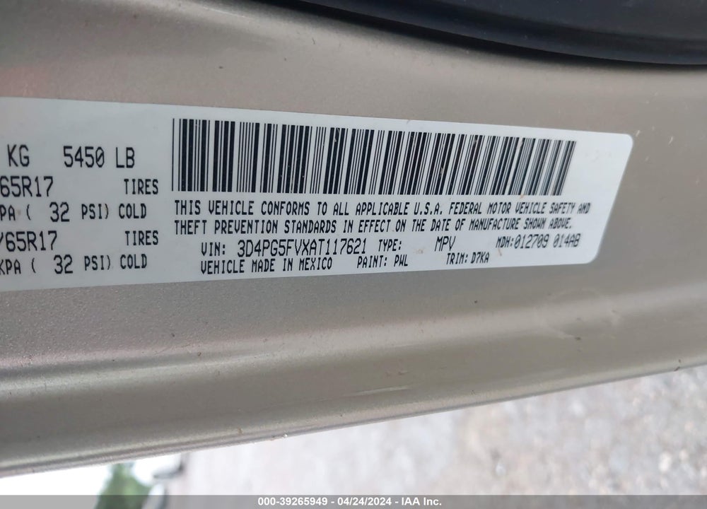 2010 DODGE JOURNEY SXT VIN: 3D4PG5FVXAT117621