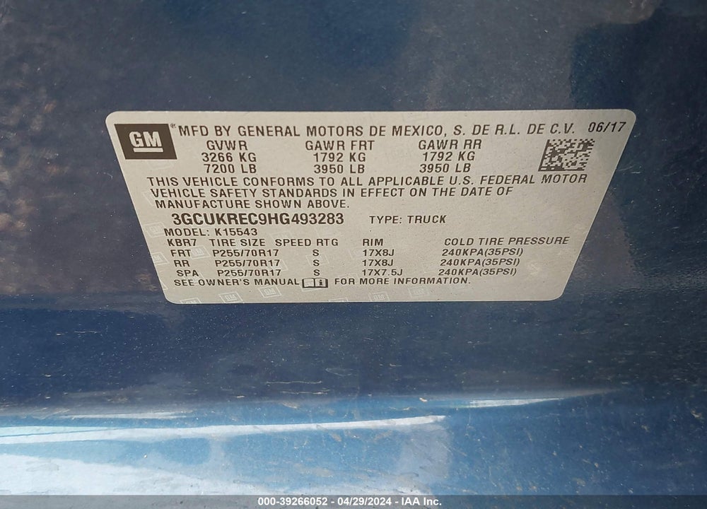 2017 CHEVROLET SILVERADO 1500 1LT VIN: 3GCUKREC9HG493283