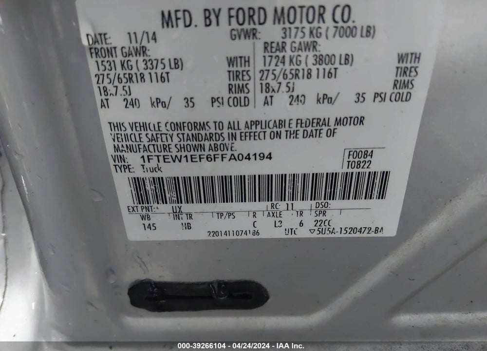 2015 FORD F-150 LARIAT VIN: 1FTEW1EF6FFA04194