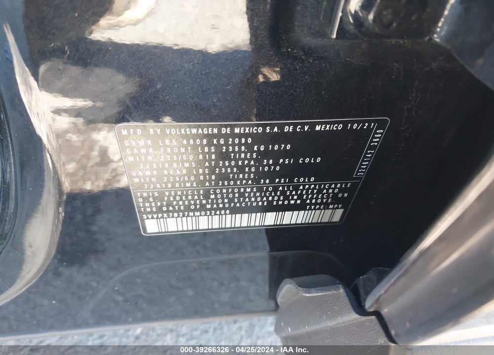 2022 VOLKSWAGEN TAOS VIN: 3VVPX7B27NM032466