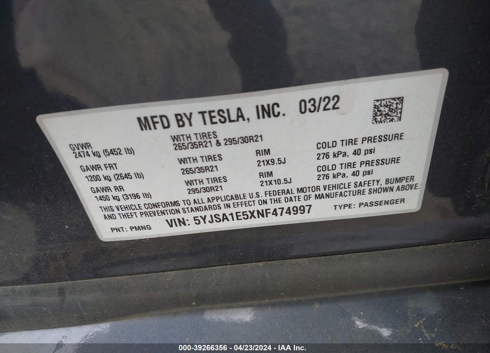 2022 TESLA MODEL S DUAL MOTOR ALL-WHEEL DRIVE VIN: 5YJSA1E5XNF474997