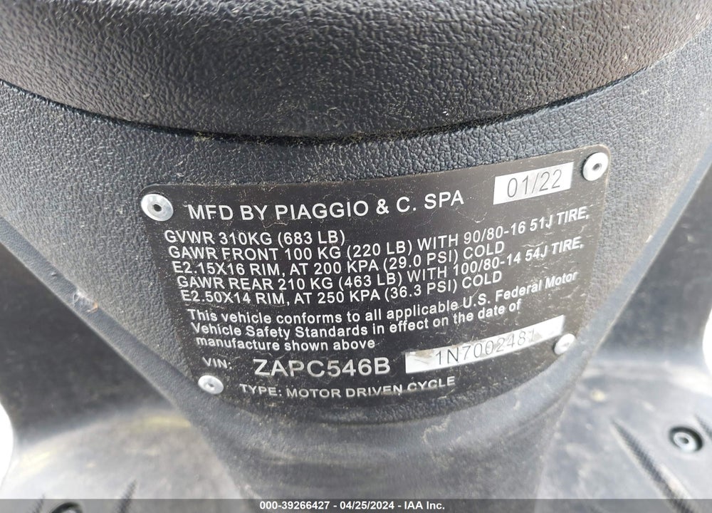 2022 PIAGGIO LIBERTY 50/50 S VIN: ZAPC546B1N7002481