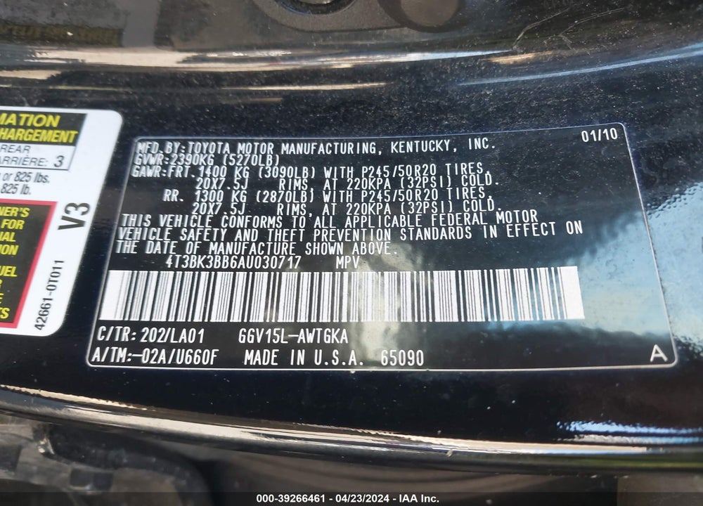 2010 TOYOTA VENZA BASE V6 VIN: 4T3BK3BB6AU030717