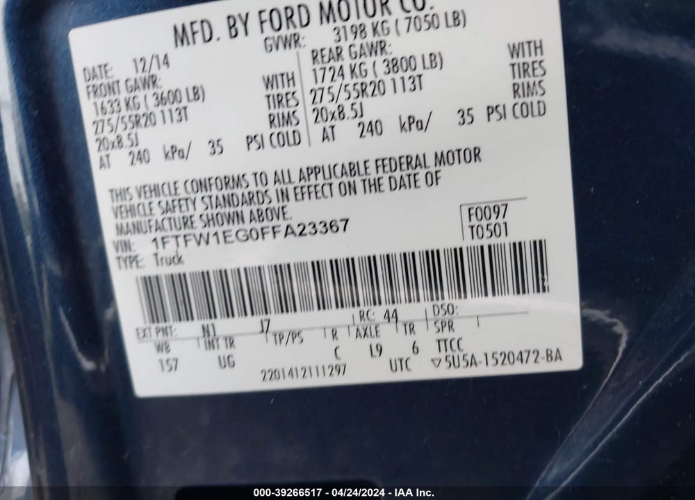 2015 FORD F-150 XLT VIN: 1FTFW1EG0FFA23367