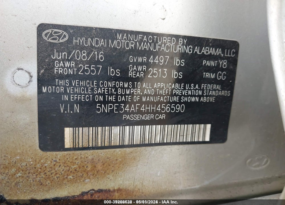2017 HYUNDAI SONATA SPORT VIN: 5NPE34AF4HH456590