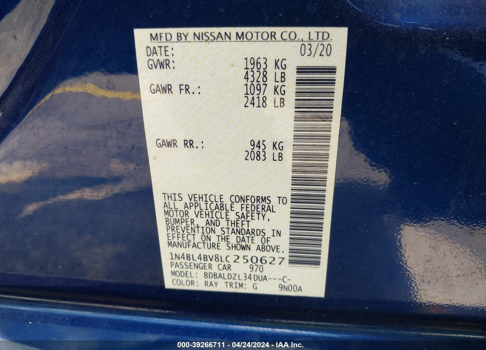 2020 NISSAN ALTIMA VIN: 1N4BL4BV8LC250627