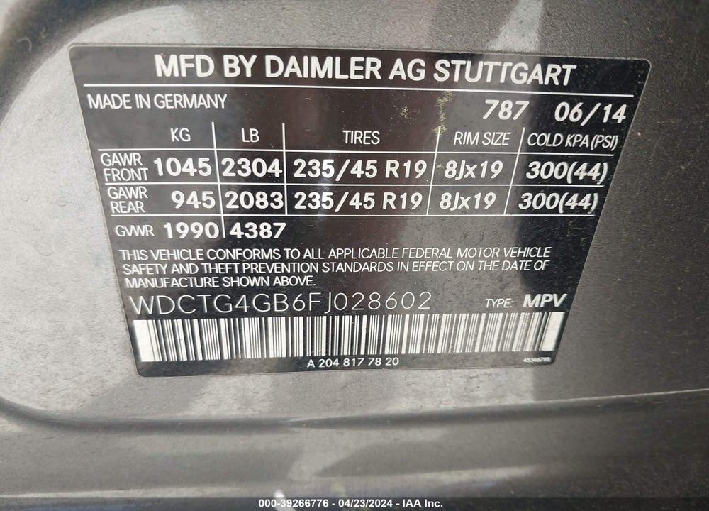 2015 MERCEDES-BENZ GLA 250 4MATIC VIN: WDCTG4GB6FJ028602