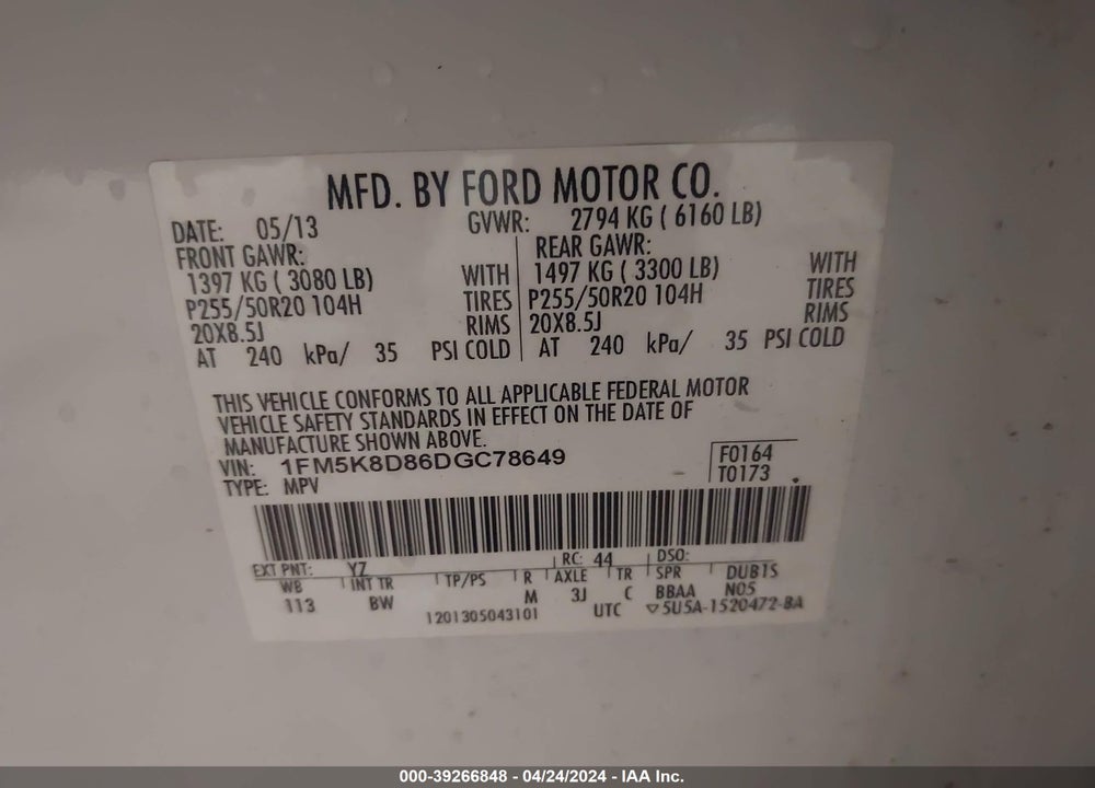 2013 FORD EXPLORER XLT VIN: 1FM5K8D86DGC78649
