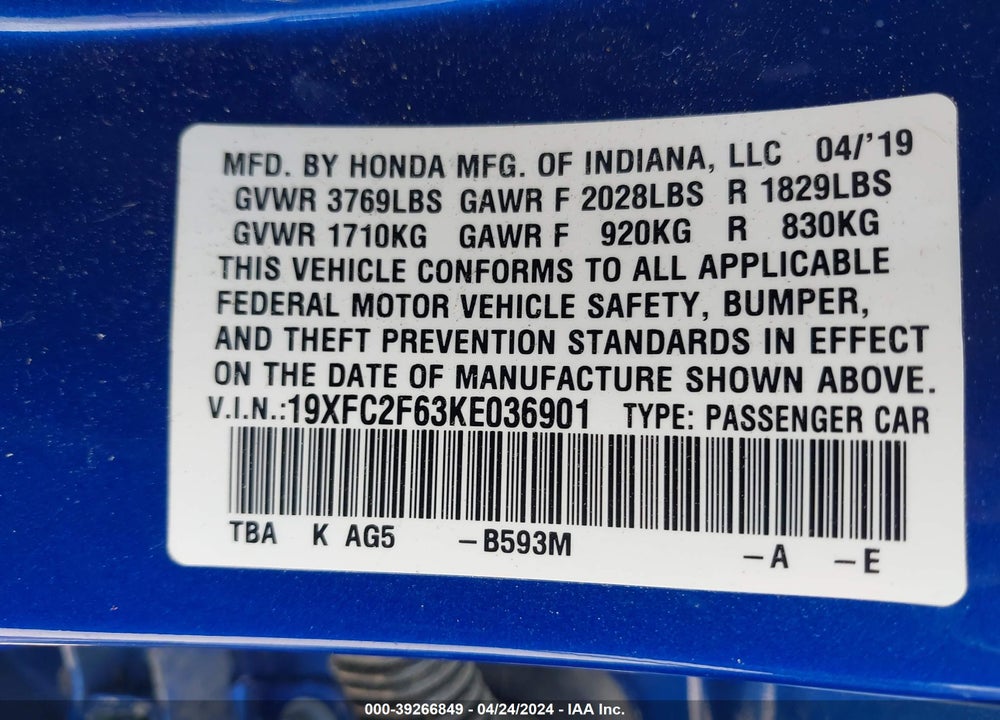 2019 HONDA CIVIC LX VIN: 19XFC2F63KE036901
