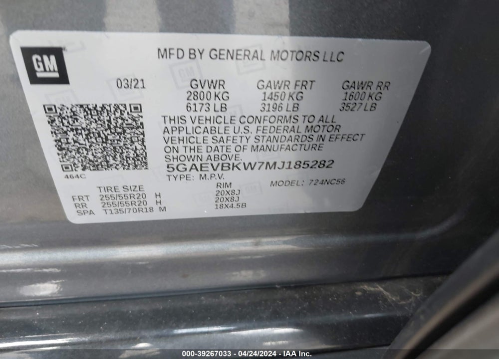 2021 BUICK ENCLAVE PREMIUM AWD VIN: 5GAEZBKW7MJ185282