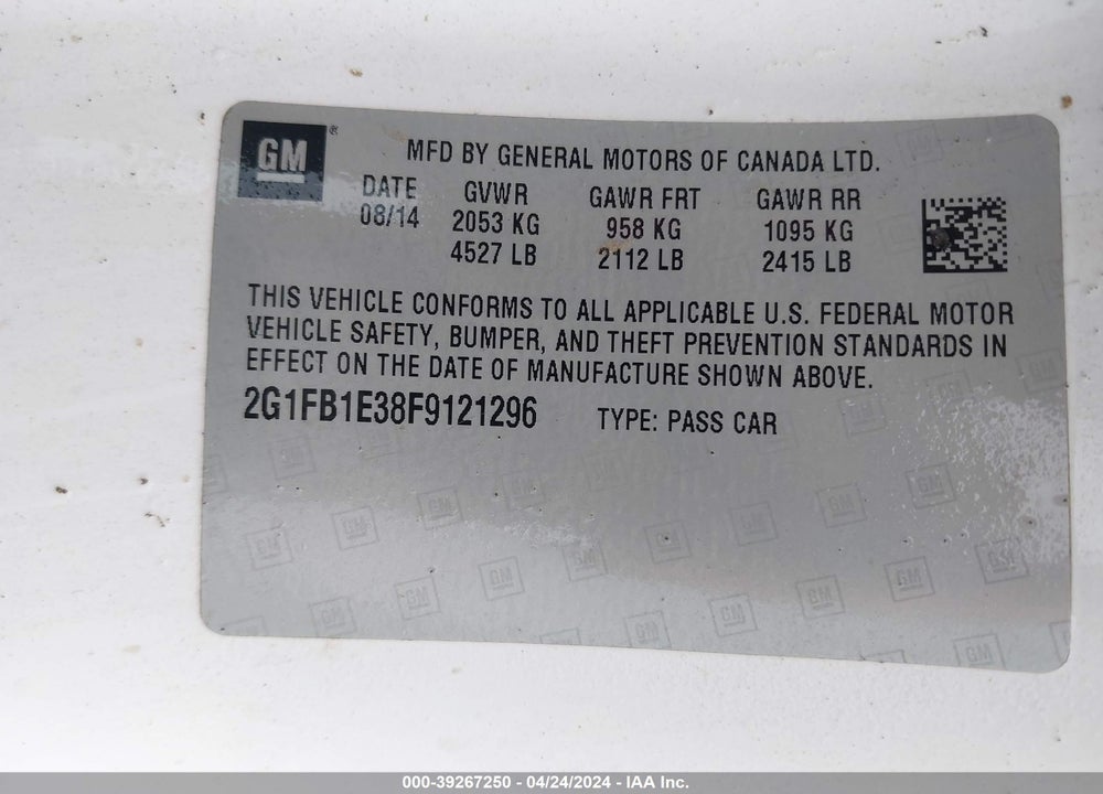 2015 CHEVROLET CAMARO 2LS VIN: 2G1FB1E38F9121296