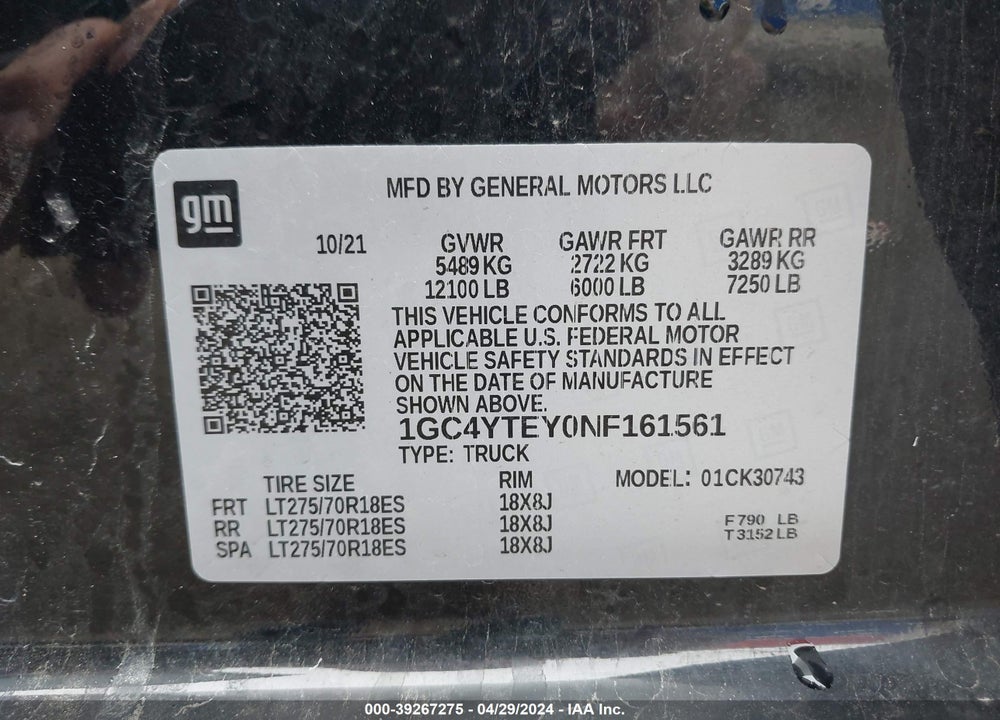 2022 CHEVROLET SILVERADO 3500HD 4WD  STANDARD BED LT VIN: 1GC4YTEY0NF161561