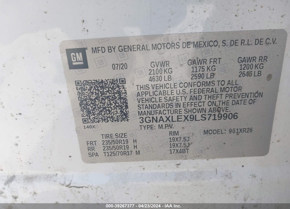 2020 CHEVROLET EQUINOX FWD LT 2.0L TURBO VIN: 3GNAXLEX9LS719906
