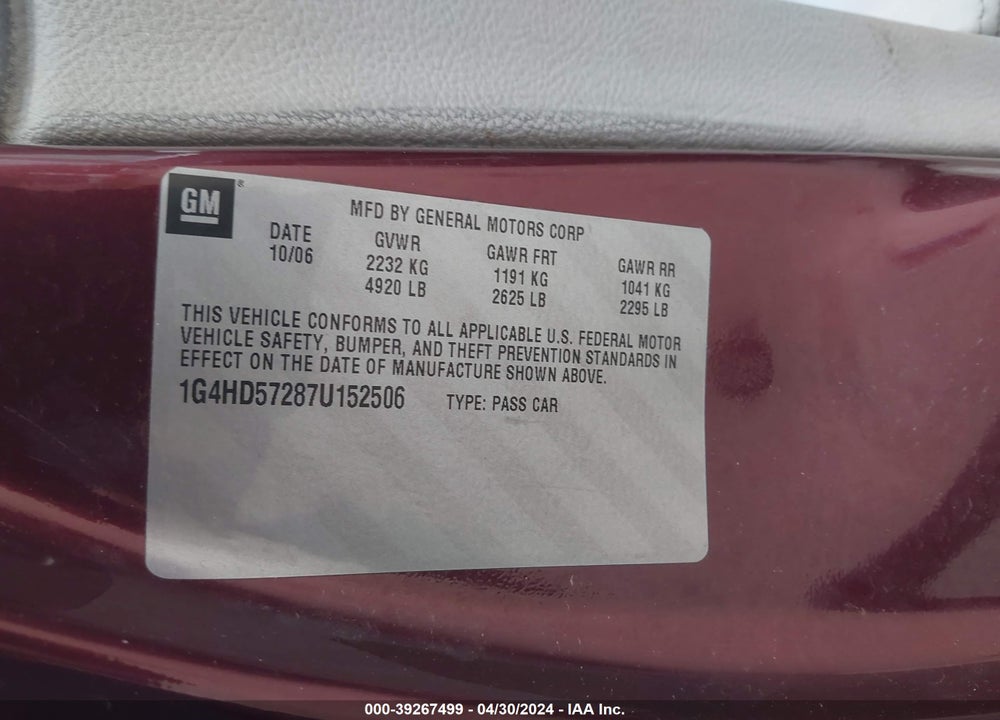 2007 BUICK LUCERNE CXL VIN: 1G4HD57287U152506