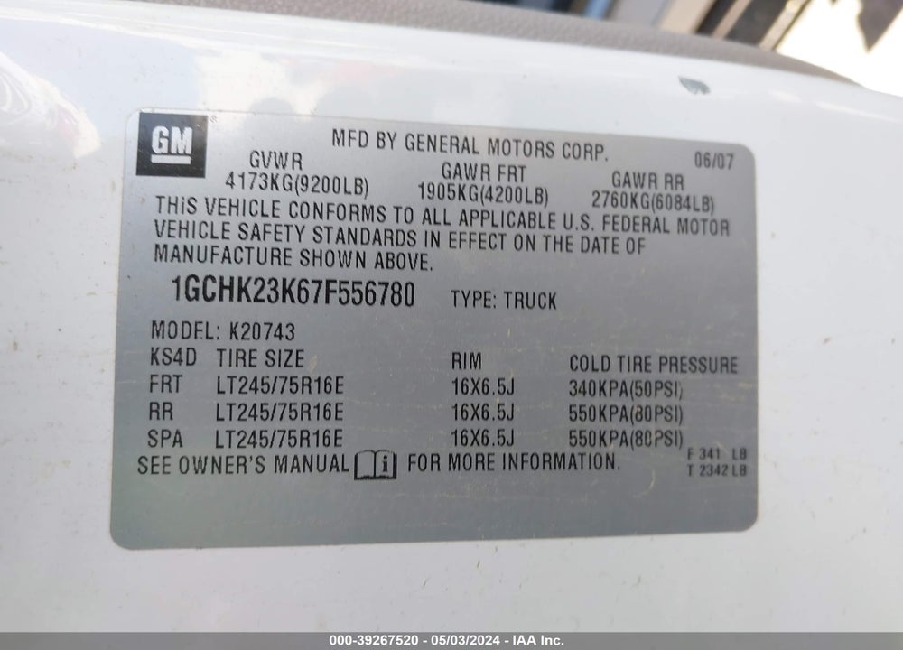 2007 CHEVROLET SILVERADO 2500HD LT2 VIN: 1GCHK23K67F556780