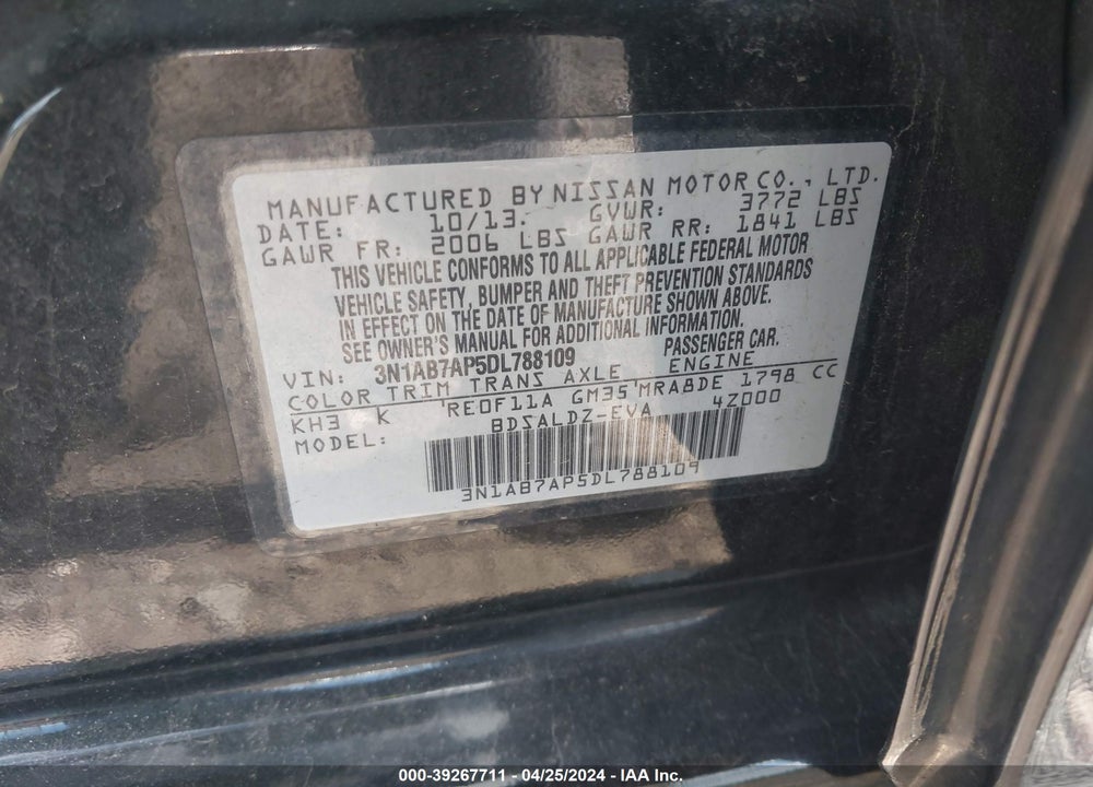 2013 NISSAN SENTRA VIN: 3N1AB7AP5DL788109