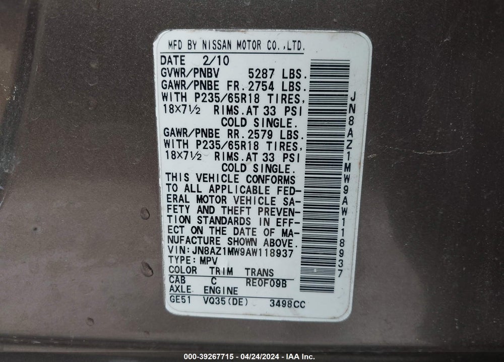 2010 NISSAN MURANO SL VIN: JN8AZ1MW9AW118937