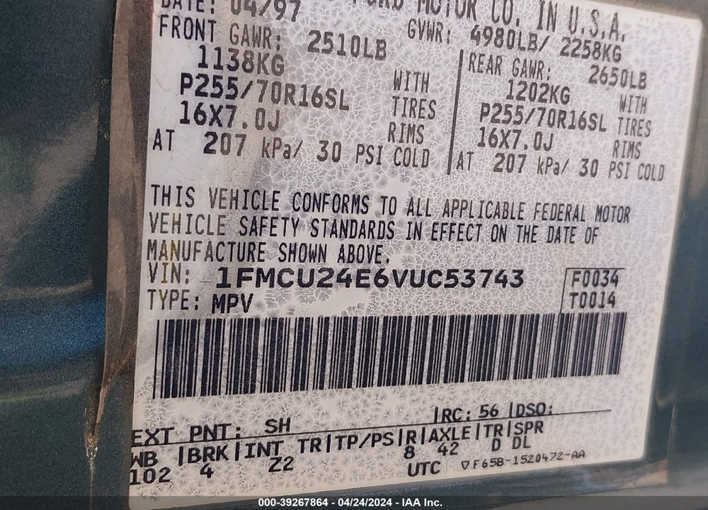 1997 FORD EXPLORER SPORT/XL VIN: 1FMCU24E6VUC53743