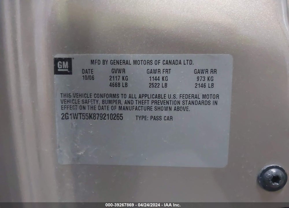 2007 CHEVROLET IMPALA LT VIN: 2G1WT55K879210265