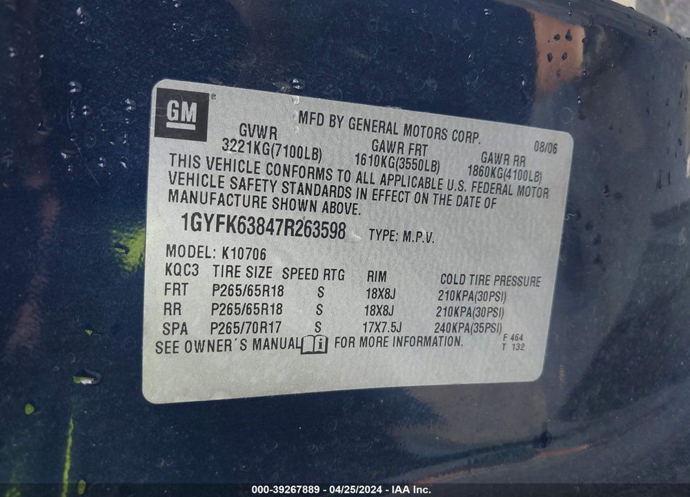 2007 CADILLAC ESCALADE STANDARD VIN: 1GYFK63847R263598