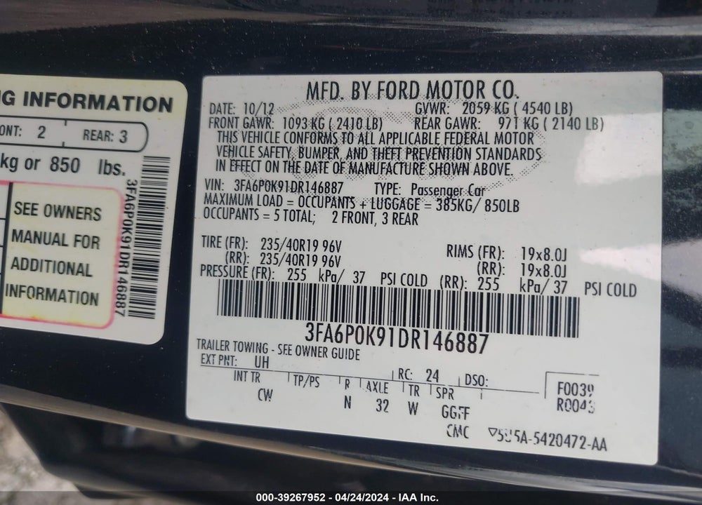 2013 FORD FUSION VIN: 3FA6P0K91DR146887