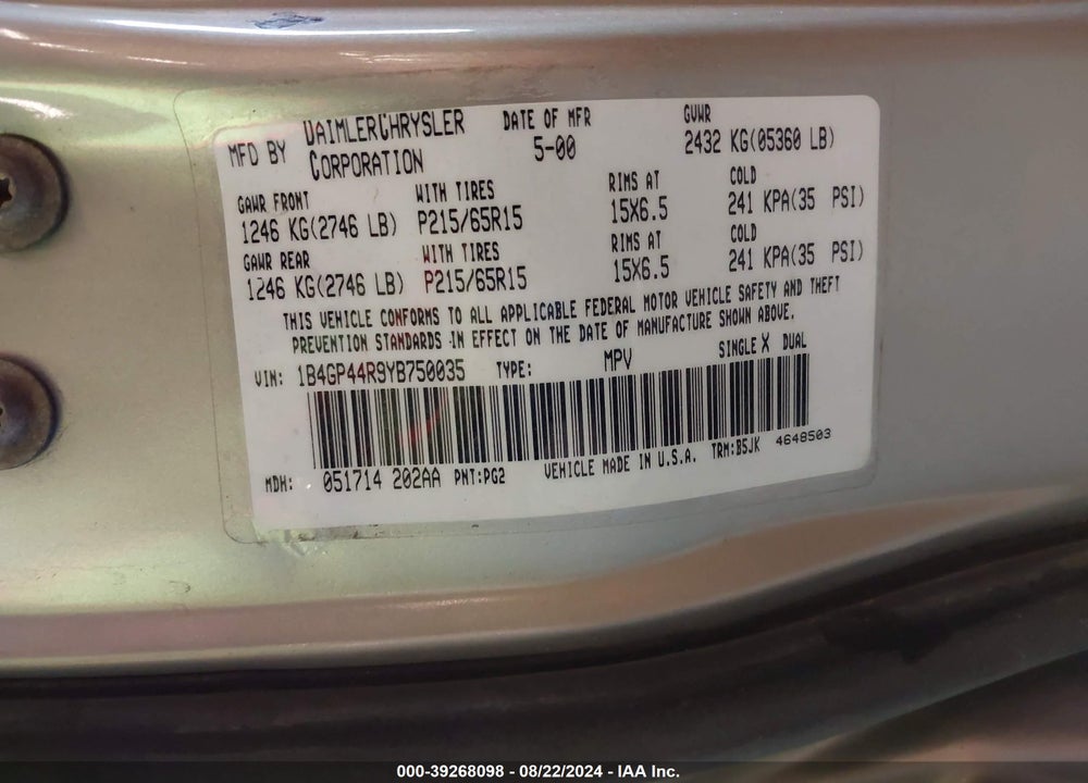 2000 DODGE GRAND CARAVAN SE VIN: 1B4GP44R9YB750035