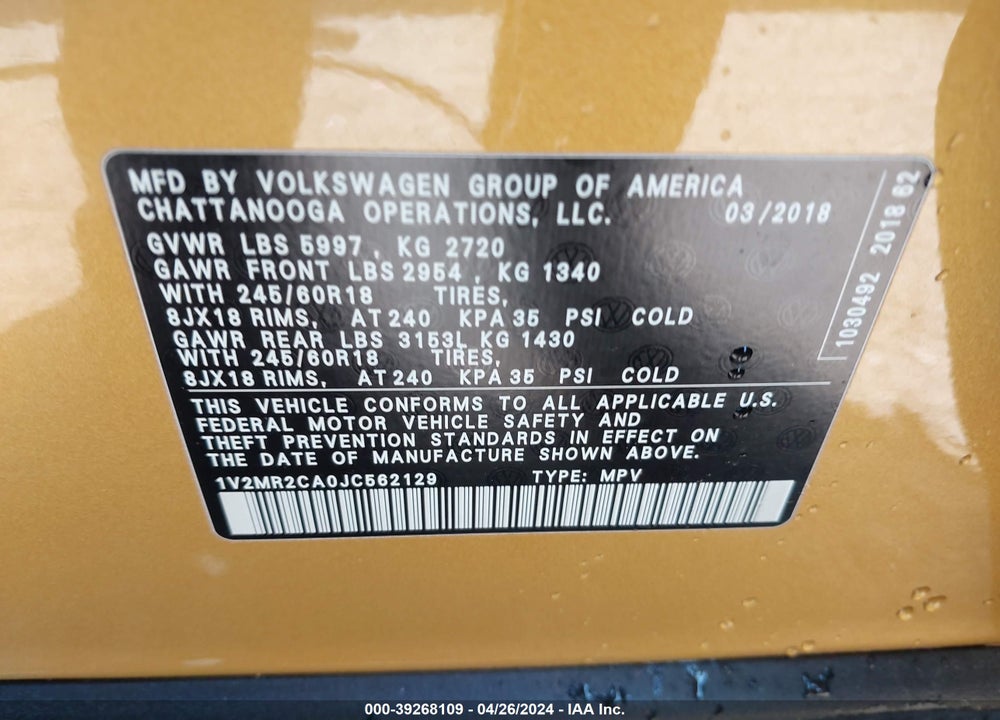 2018 VOLKSWAGEN ATLAS 3.6L V6 SEL VIN: 1V2MR2CA0JC562129