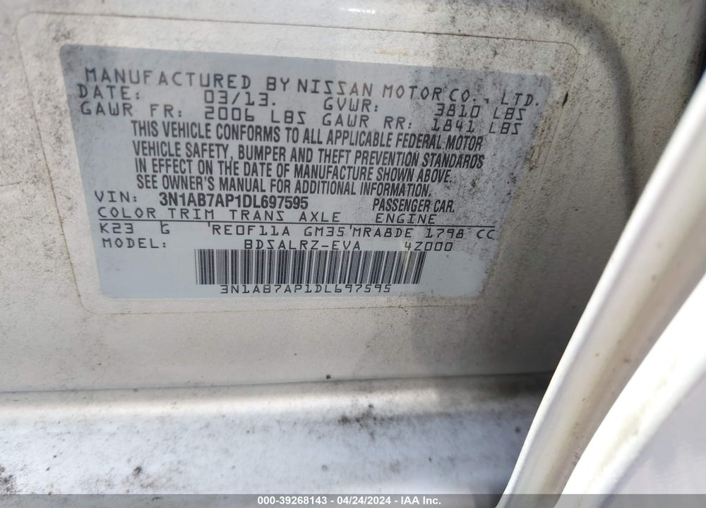 2013 NISSAN SENTRA SR VIN: 3N1AB7AP1DL697595